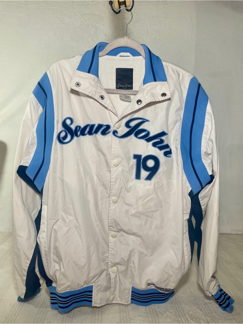 Vintage Sean John White Blue Varsity Racing Jacket Y2K Embroidered